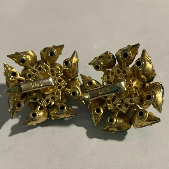 Green and Gold Maltese Cross Clip On Earrings - Picture 3 of 6